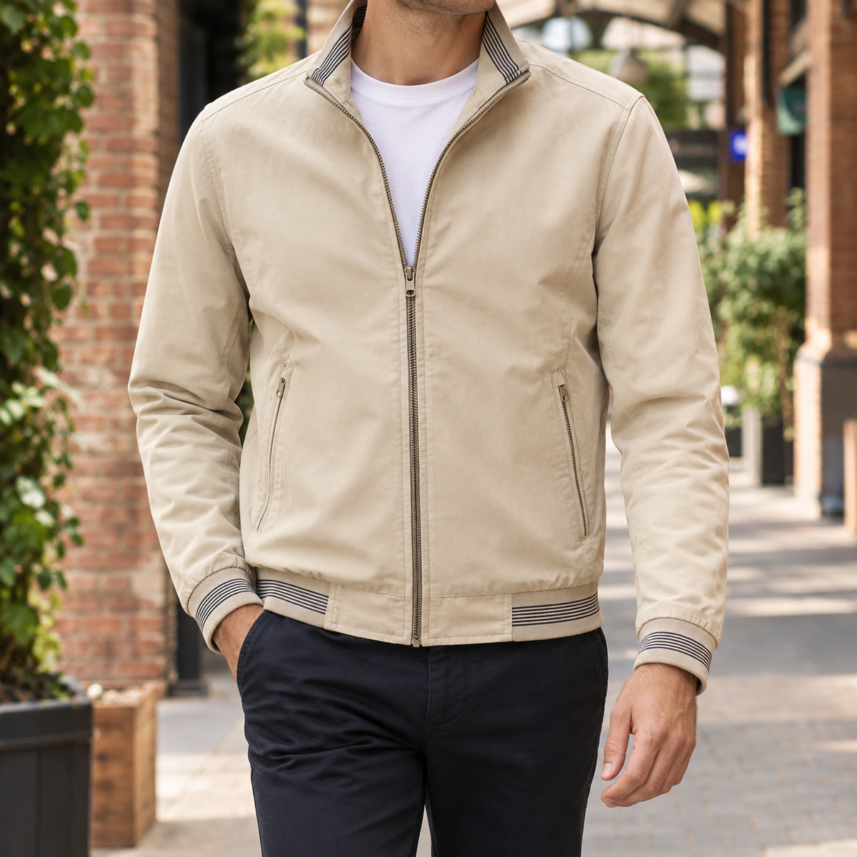 Men's Cotton Zip Jacket | Striped Ribbed Trim, Multiple Colors, Everyday Outerwear product photo 0