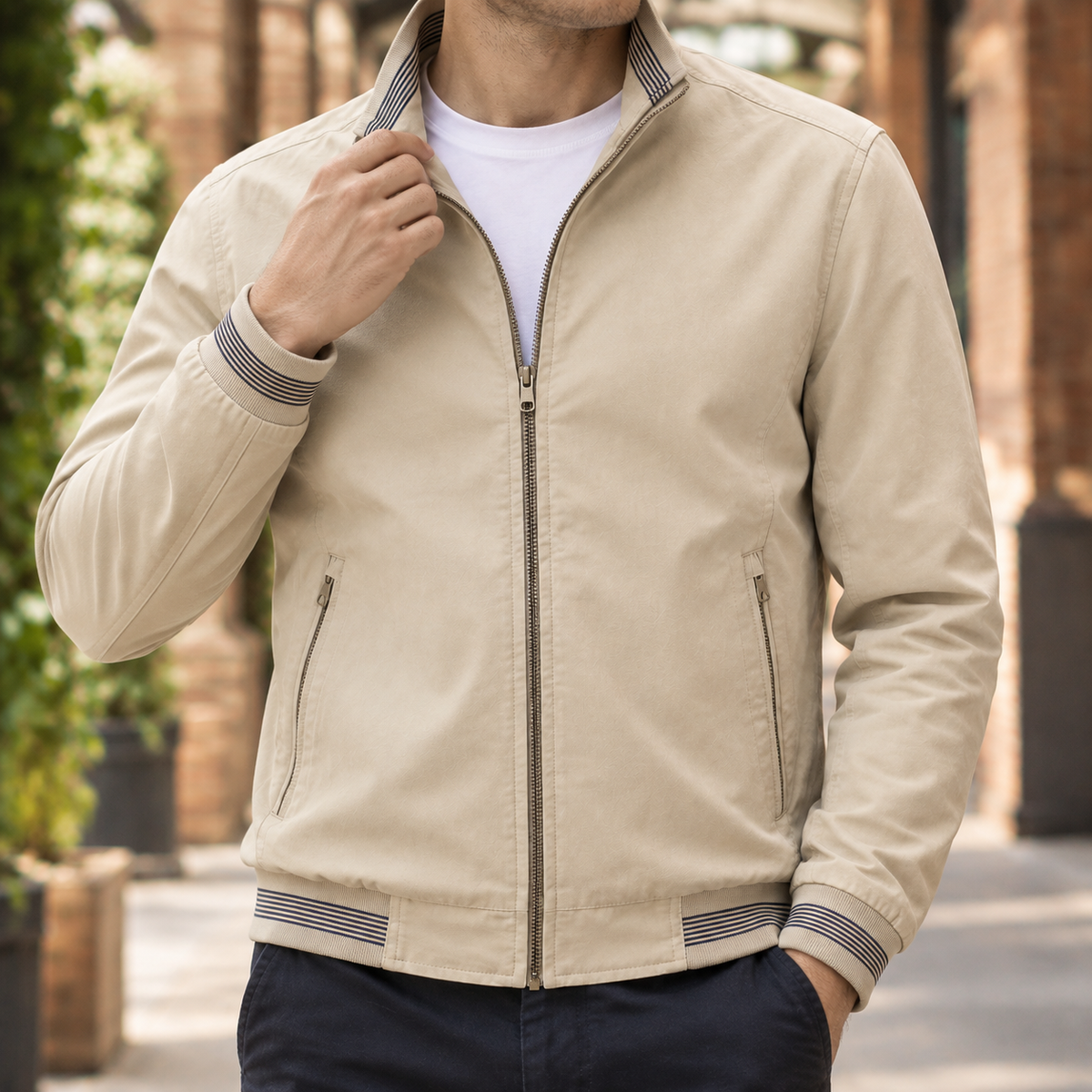 Men's Cotton Zip Jacket | Striped Ribbed Trim, Multiple Colors, Everyday Outerwear product photo 1