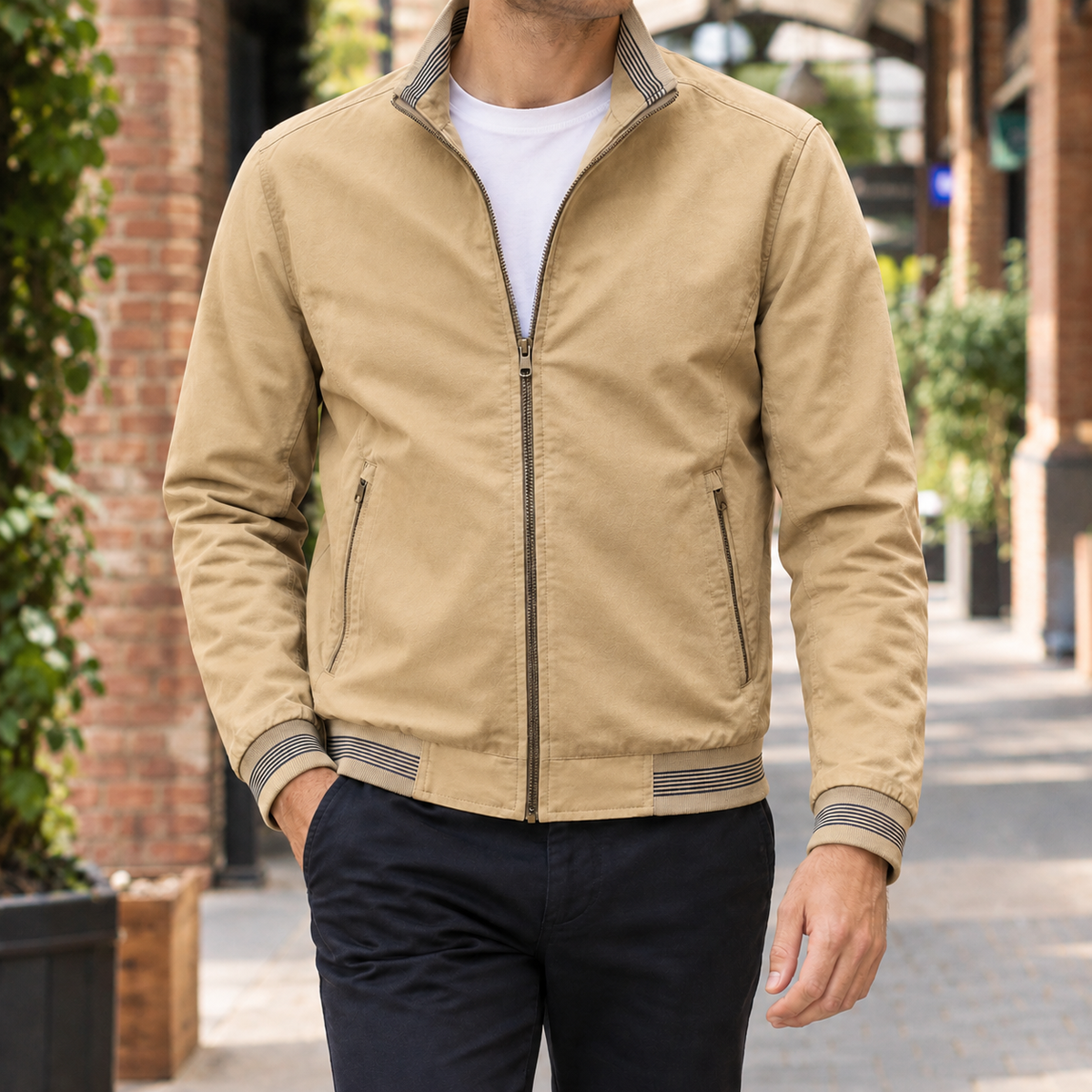 Men's Cotton Zip Jacket | Striped Ribbed Trim, Multiple Colors, Everyday Outerwear product photo 2