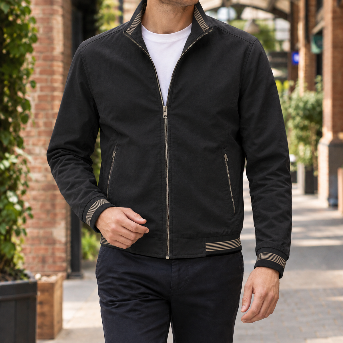Men's Cotton Zip Jacket | Striped Ribbed Trim, Multiple Colors, Everyday Outerwear product photo 3