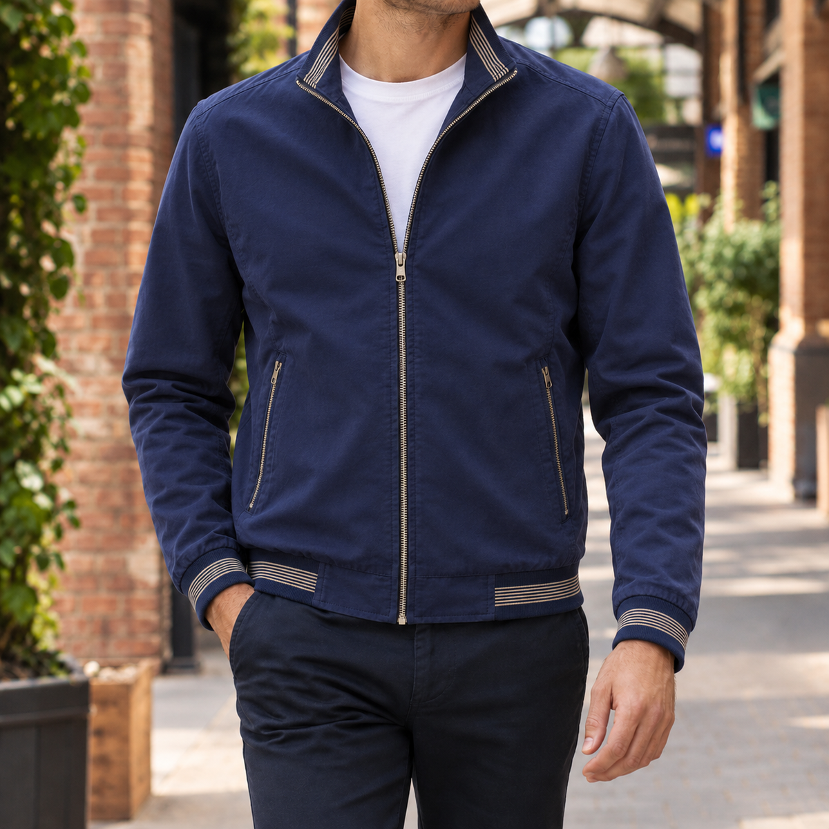 Men's Cotton Zip Jacket | Striped Ribbed Trim, Multiple Colors, Everyday Outerwear product photo 4