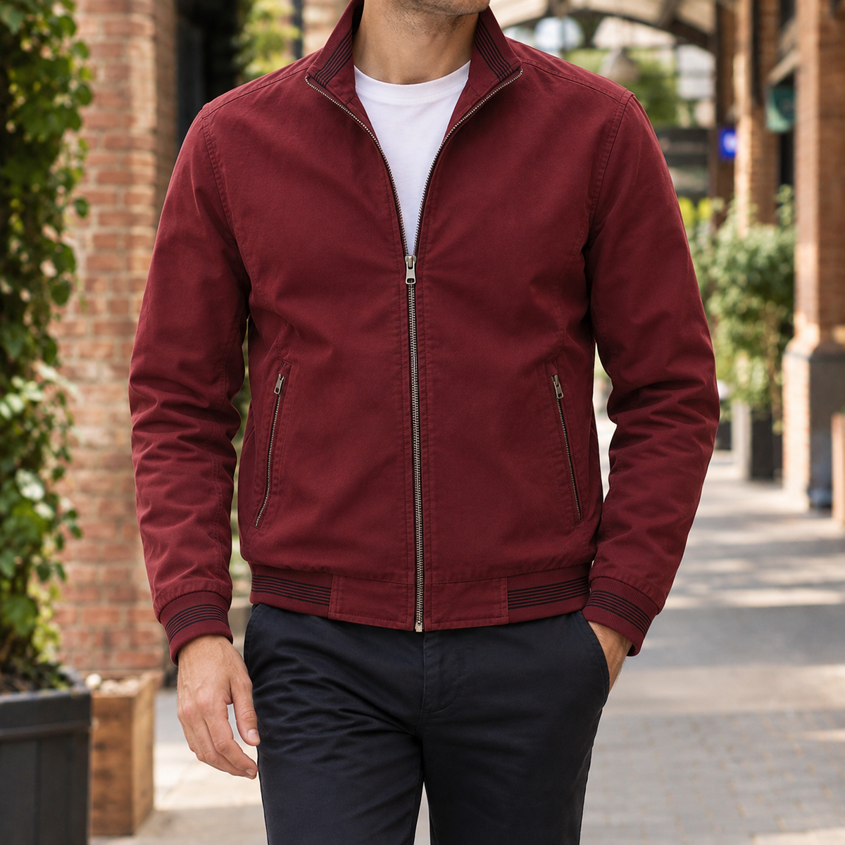 Men's Cotton Zip Jacket | Striped Ribbed Trim, Multiple Colors, Everyday Outerwear product photo 5