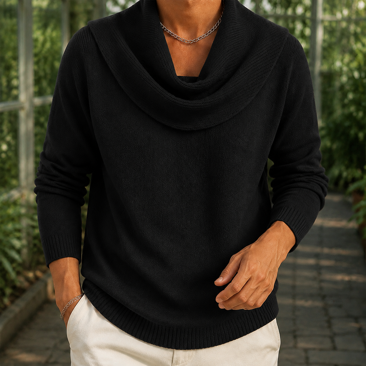 Men's Cowl Neck Sweater | Lightweight Draped Knit, Relaxed Fit, Everyday Layering product photo 5