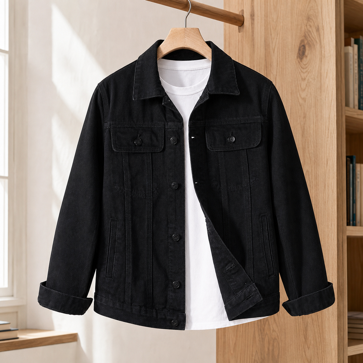 Men's Denim Jacket | Cotton Blend Button Front, Black, Everyday Outerwear product photo 0