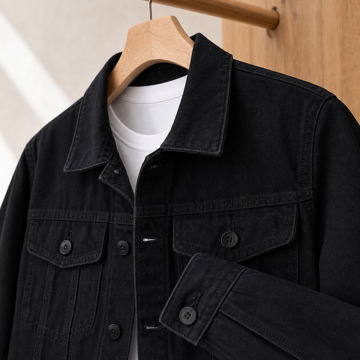 Men's Denim Jacket | Cotton Blend Button Front, Black, Everyday Outerwear product photo 1