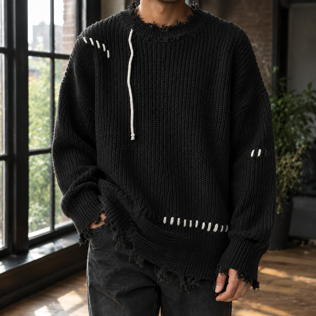 Men's Distressed Knit Sweater | Frayed Crew Neck, Multiple Colors, Everyday Layering product photo 3