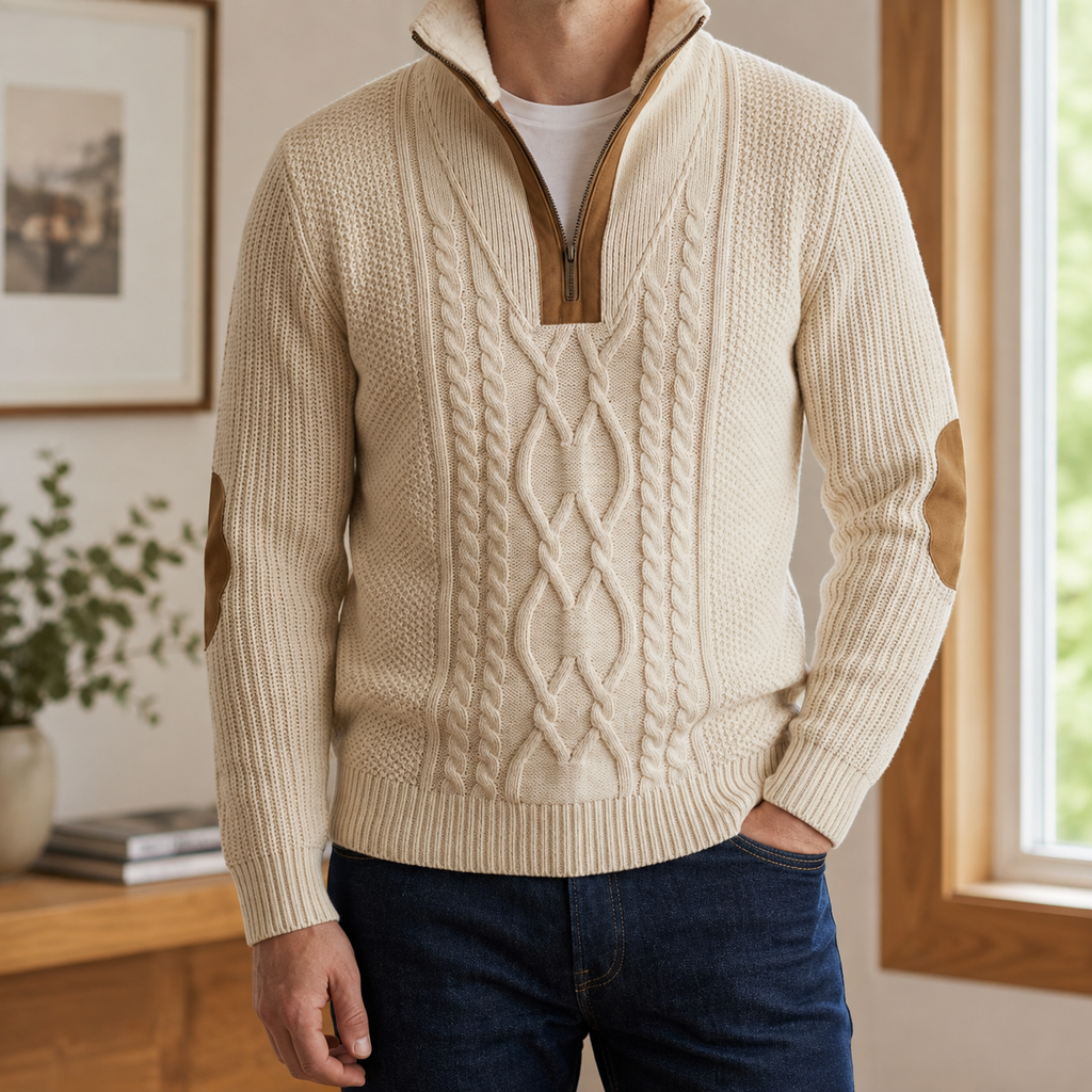 Men's Fleece Lined Cable Knit Sweater | Quarter Zip, High Collar, Warm Layer product photo 1