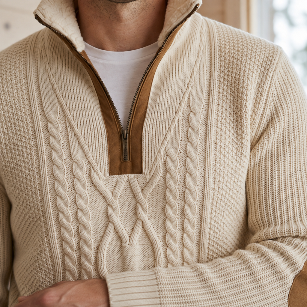 Men's Fleece Lined Cable Knit Sweater | Quarter Zip, High Collar, Warm Layer product photo 2