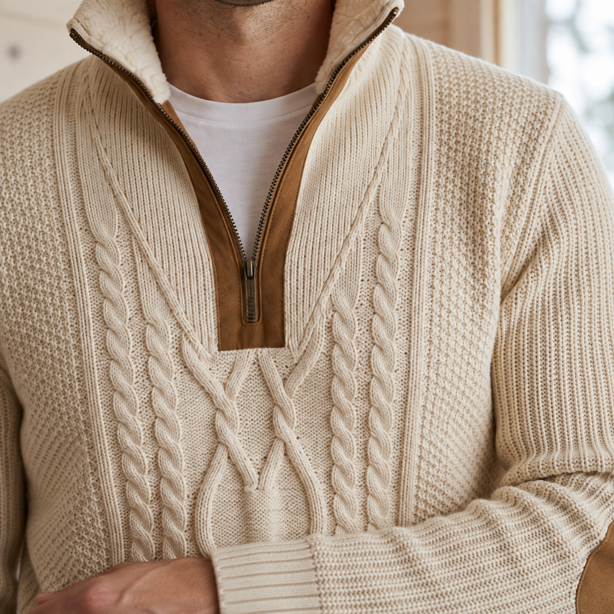 Men's Fleece Lined Cable Knit Sweater | Quarter Zip, High Collar, Warm Layer product photo 2