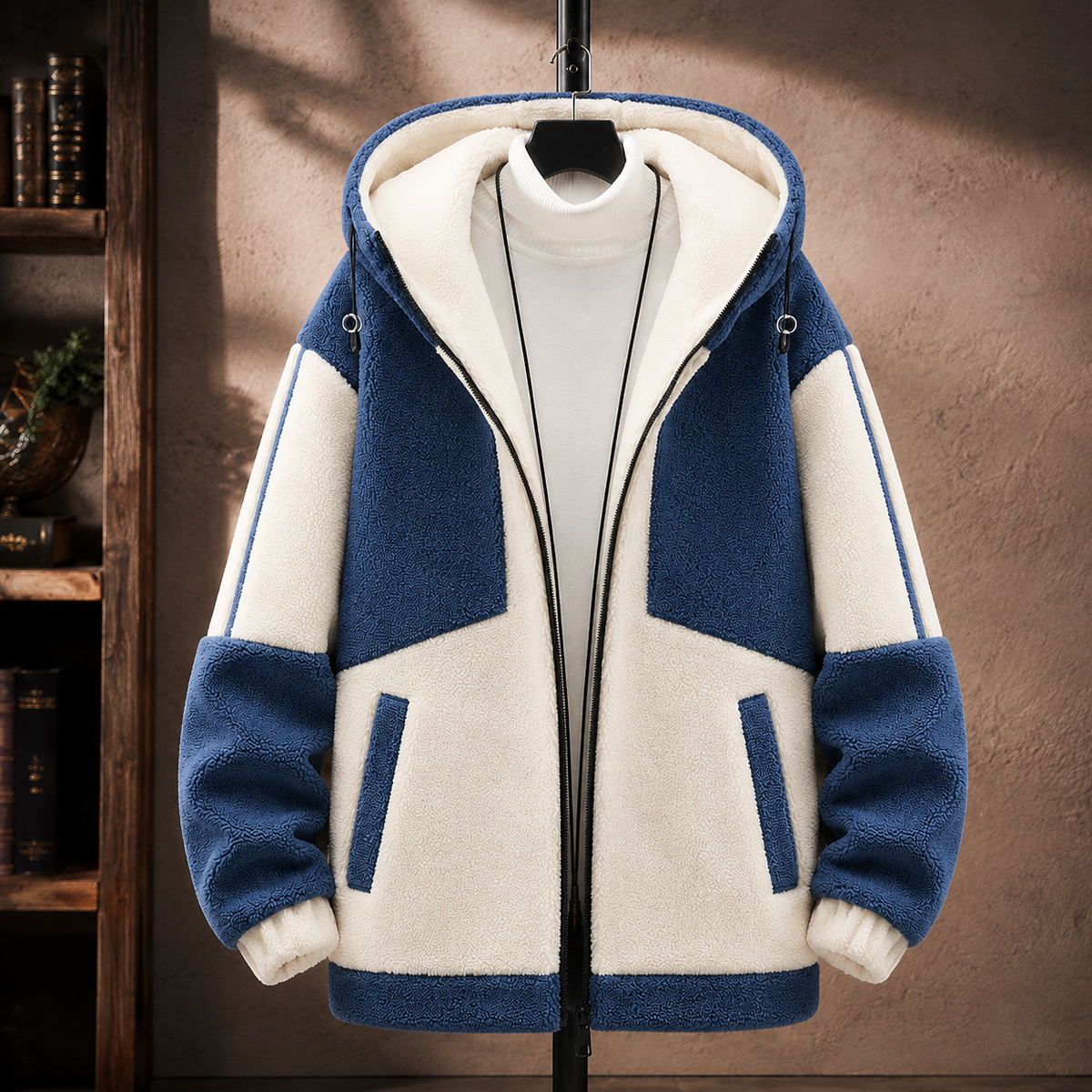 Men's Fleece Lined Hooded Jacket | Colorblock Zip Front, Gray or Blue product photo 2