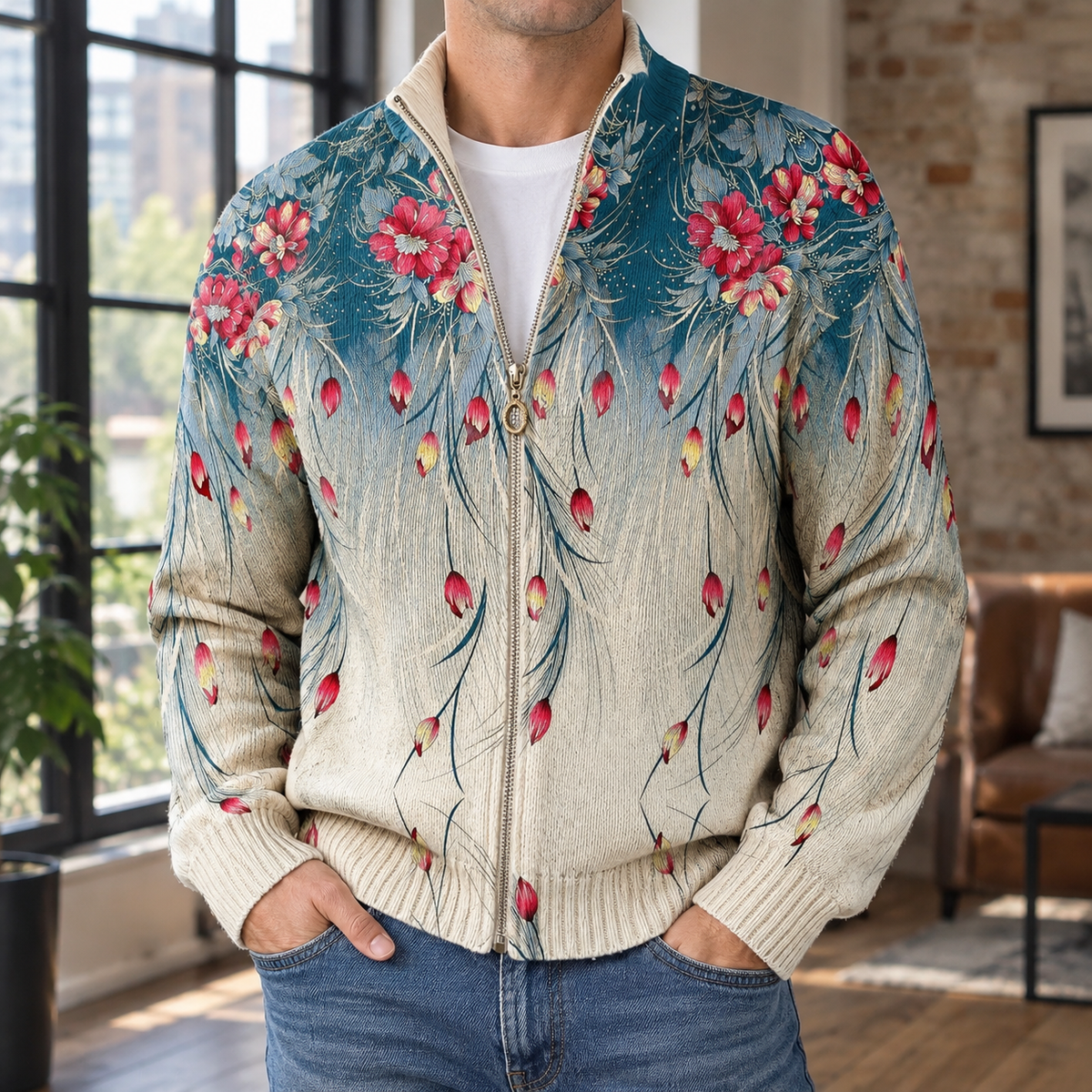 Men's Floral Zip Sweater | Gradient Knit, Gold Tone Zip, Bomber Shape product photo 1