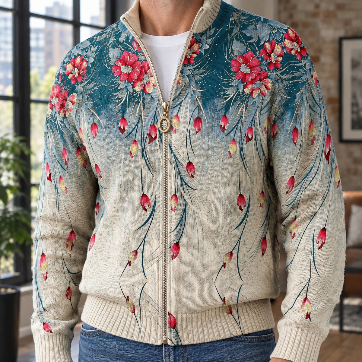 Men's Floral Zip Sweater | Gradient Knit, Gold Tone Zip, Bomber Shape product photo 2