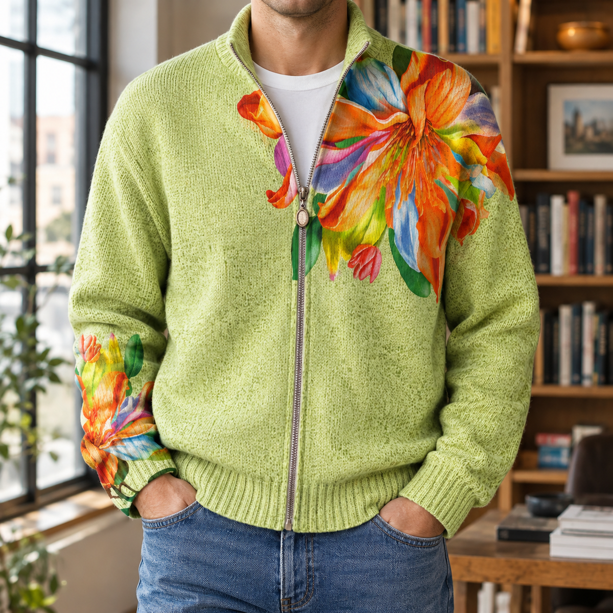 Men's Floral Zip Sweater | Lightweight Knit, Asymmetric Print, Relaxed Fit product photo 1