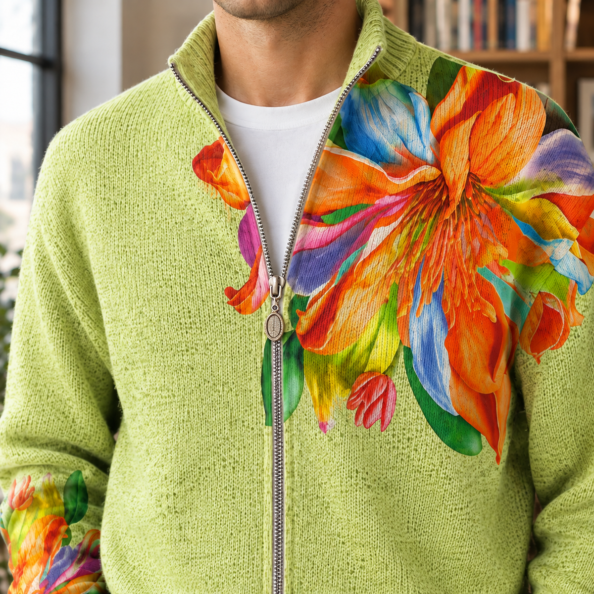 Men's Floral Zip Sweater | Lightweight Knit, Asymmetric Print, Relaxed Fit product photo 2