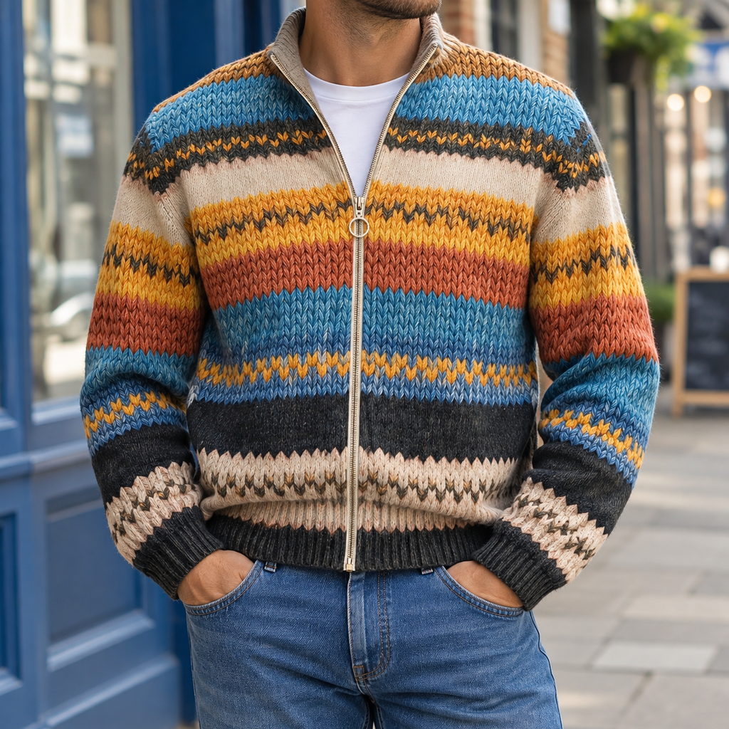 Men's Geometric Striped Zip Sweater | Stand Collar, Relaxed Knit Layer product photo 1