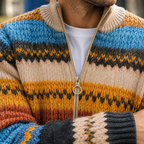 Men's Geometric Striped Zip Sweater | Stand Collar, Relaxed Knit Layer product photo 2