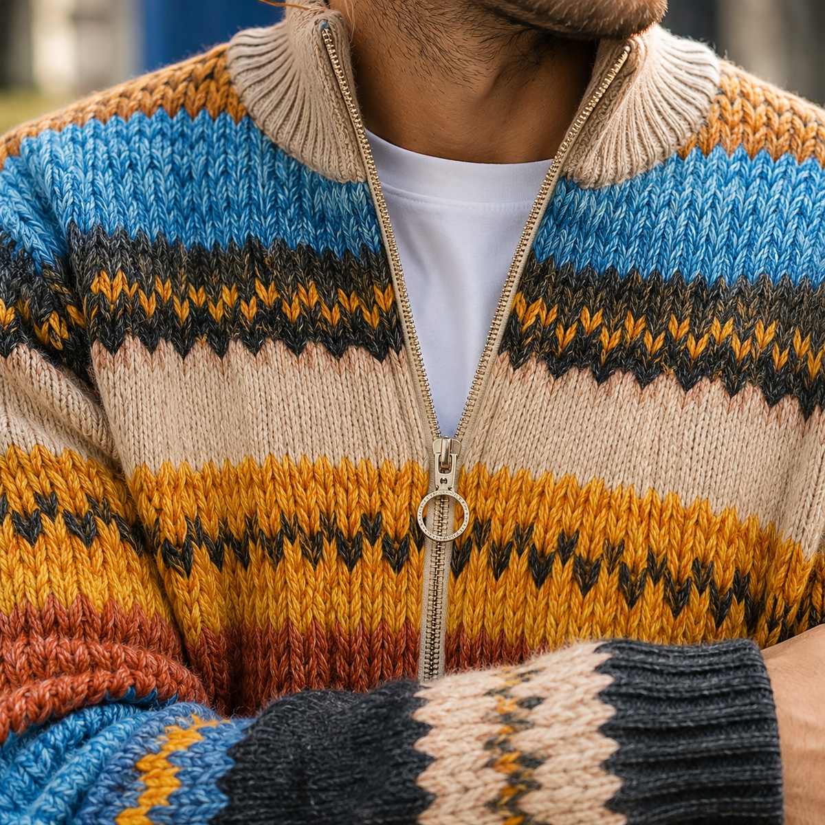 Men's Geometric Striped Zip Sweater | Stand Collar, Relaxed Knit Layer product photo 2