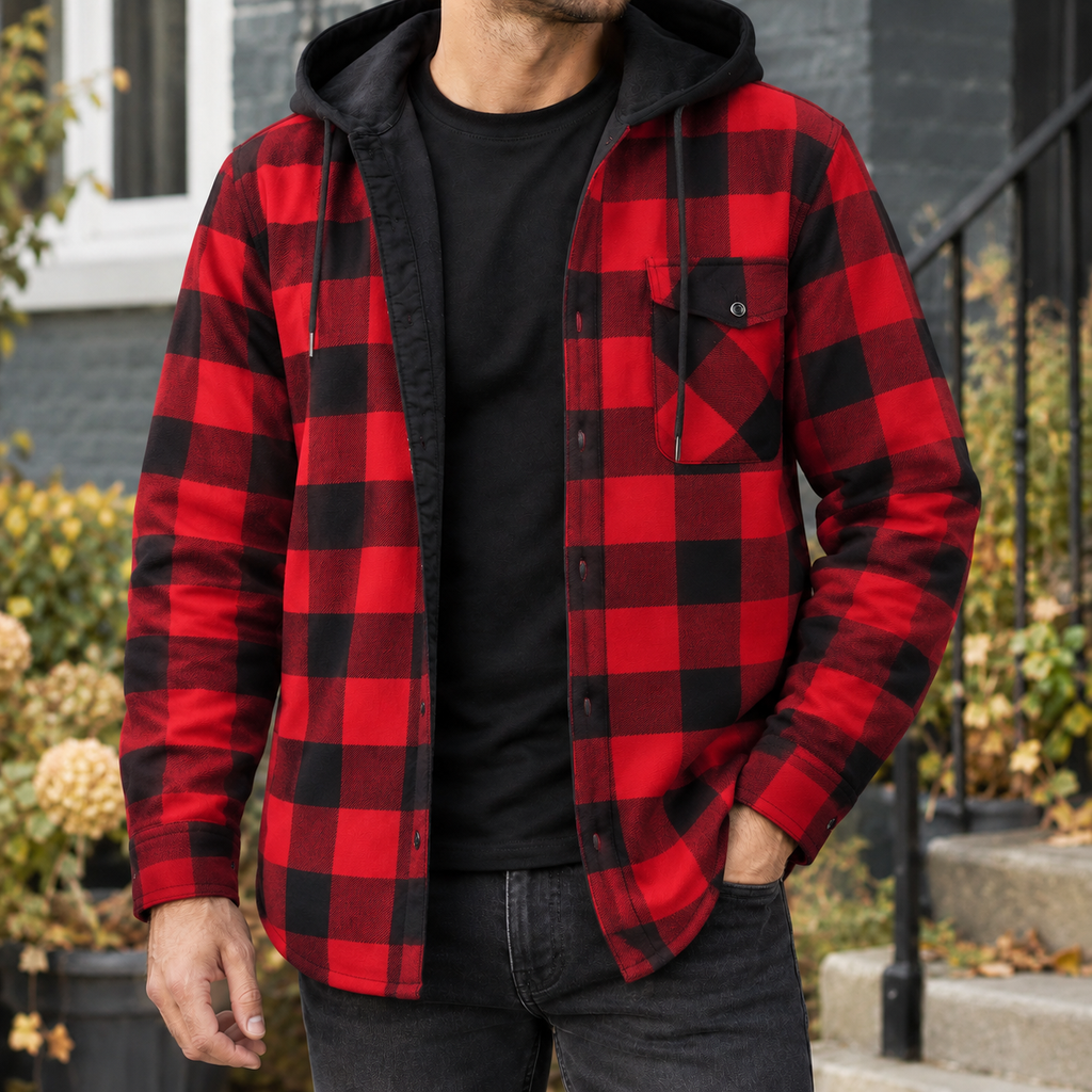 Men's Hooded Denim Jacket | Checked Lined Button Front, Multiple Colors, Everyday Outerwear product photo 2