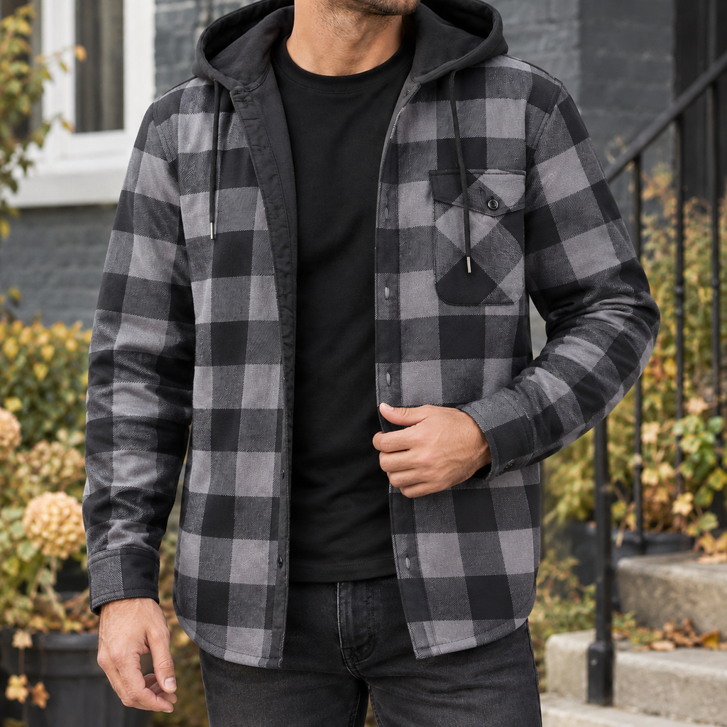 Men's Hooded Denim Jacket | Checked Lined Button Front, Multiple Colors, Everyday Outerwear product photo 3