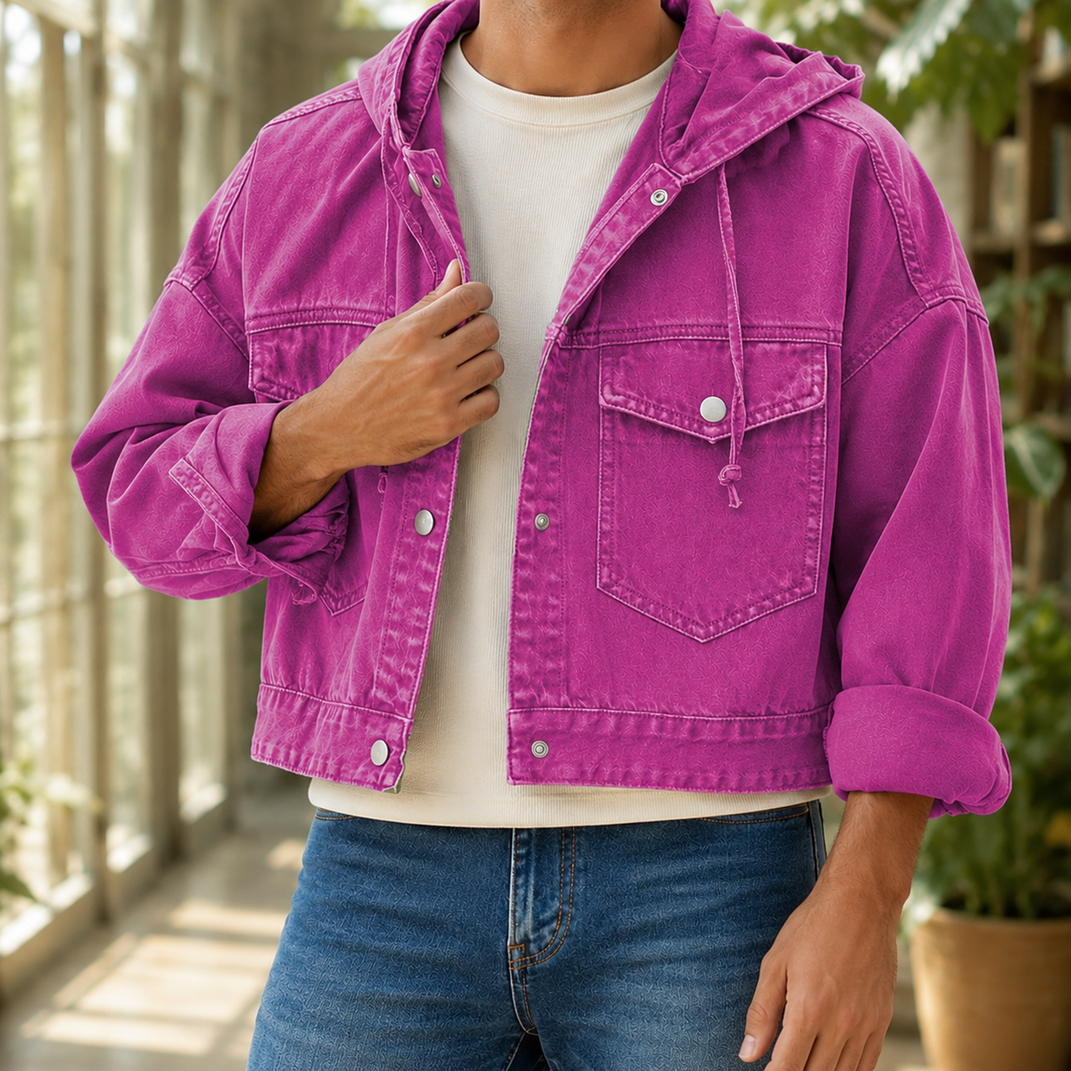 Men's Hooded Denim Jacket | Cropped Snap Front, Multiple Colors, Everyday Outerwear product photo 0
