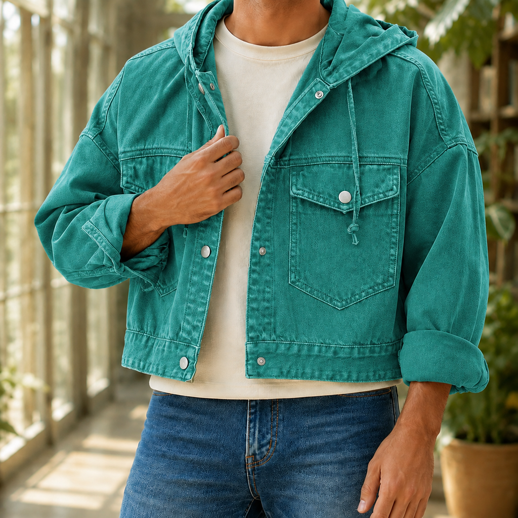 Men's Hooded Denim Jacket | Cropped Snap Front, Multiple Colors, Everyday Outerwear product photo 4