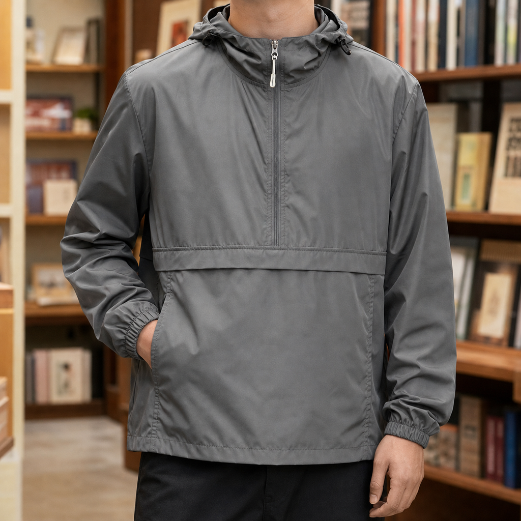 Men's Hooded Pullover Jacket | Half Zip Woven Layer, Gray, Everyday Outerwear product photo 0