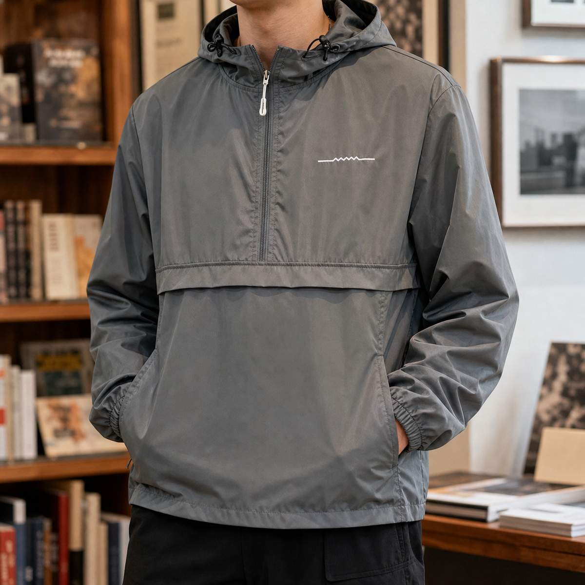 Men's Hooded Pullover Jacket | Half Zip Woven Layer, Gray, Everyday Outerwear product photo 2