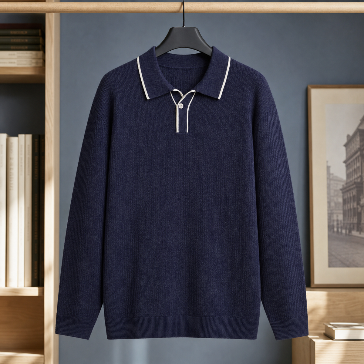 Men's Linen Blend Polo Sweater | Contrast Trim Collar, Smart Casual Layer product photo 1