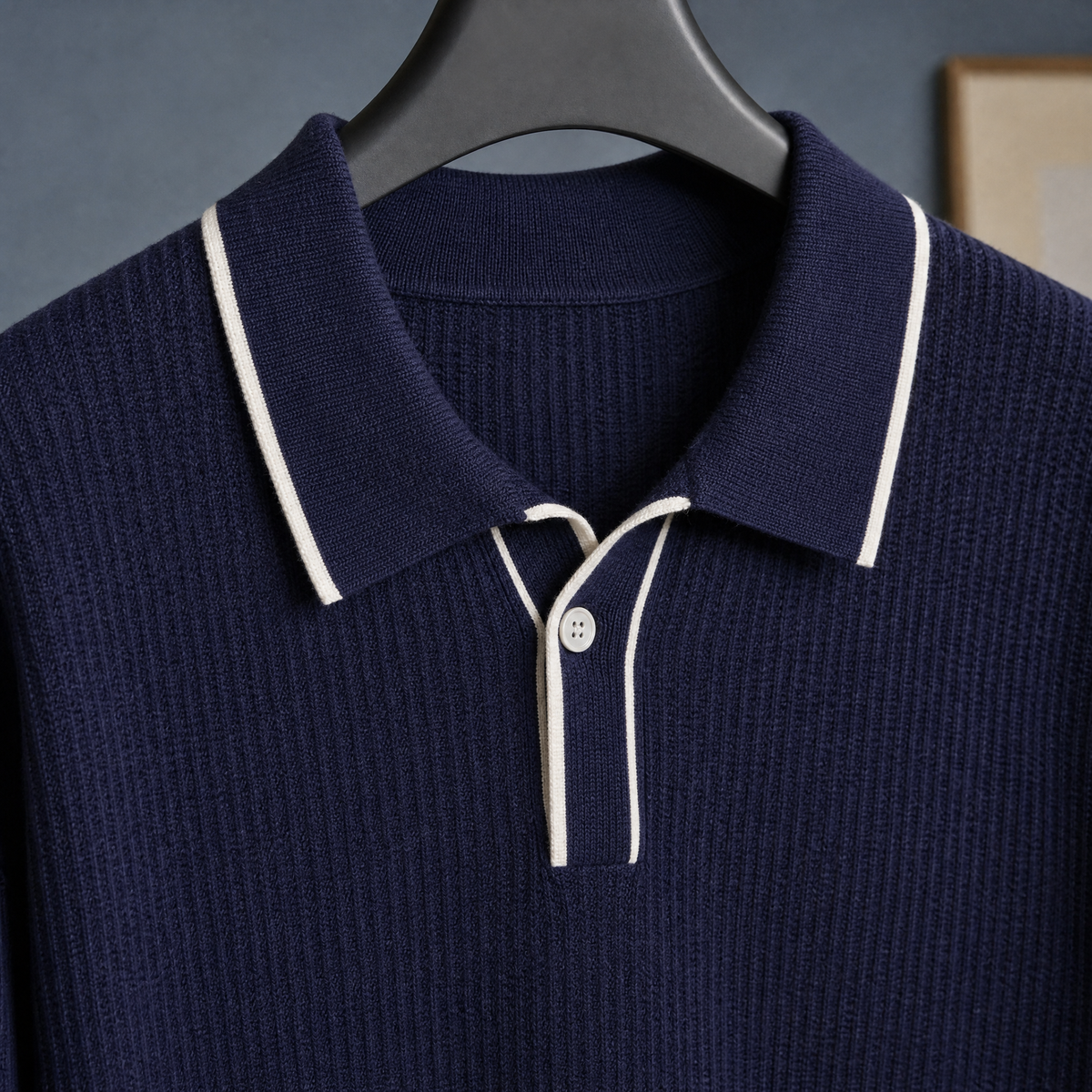 Men's Linen Blend Polo Sweater | Contrast Trim Collar, Smart Casual Layer product photo 2