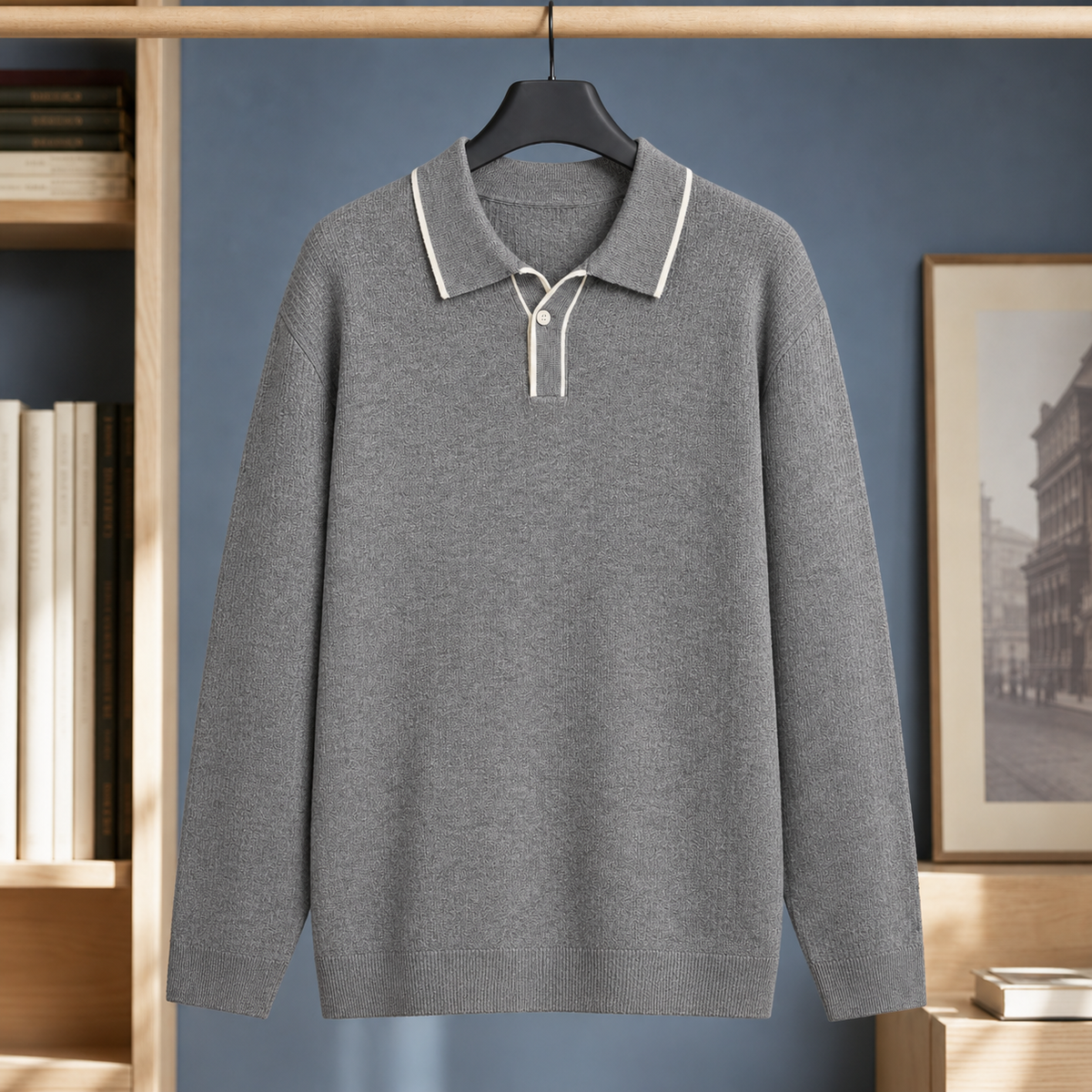 Men's Linen Blend Polo Sweater | Contrast Trim Collar, Smart Casual Layer product photo 4