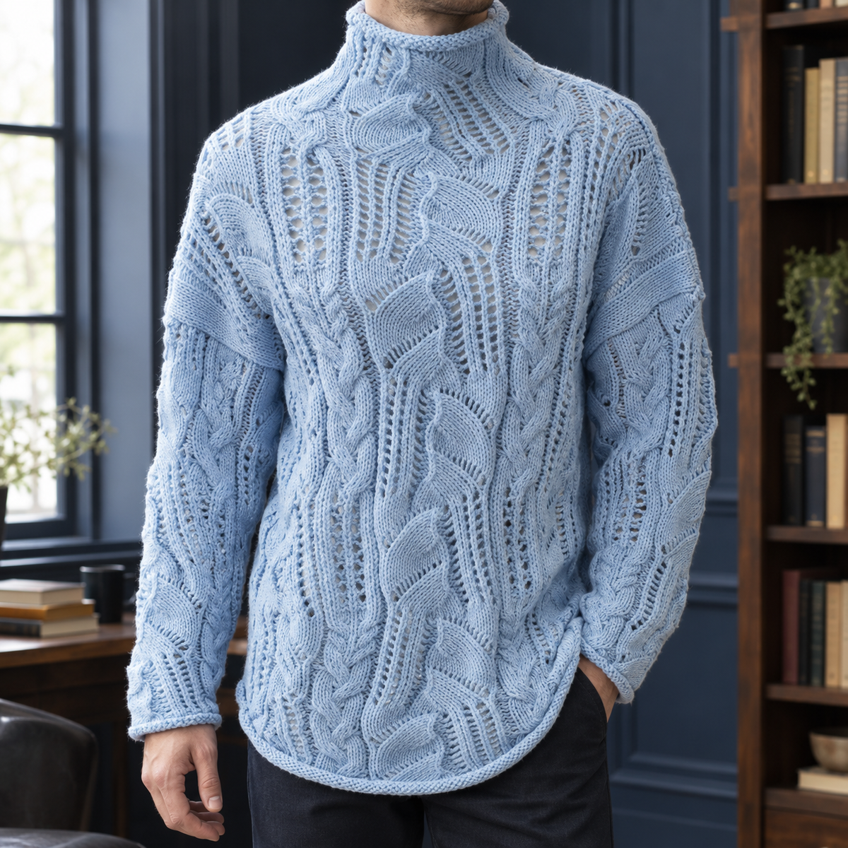 Men's Openwork Cable Sweater | Cotton Knit, Rolled Neck, Longline Layer product photo 1