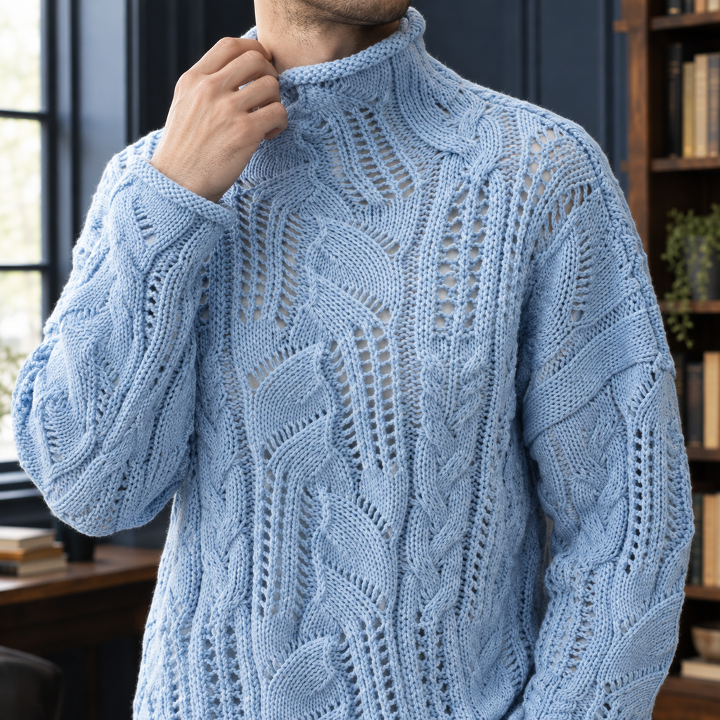 Men's Openwork Cable Sweater | Cotton Knit, Rolled Neck, Longline Layer product photo 2