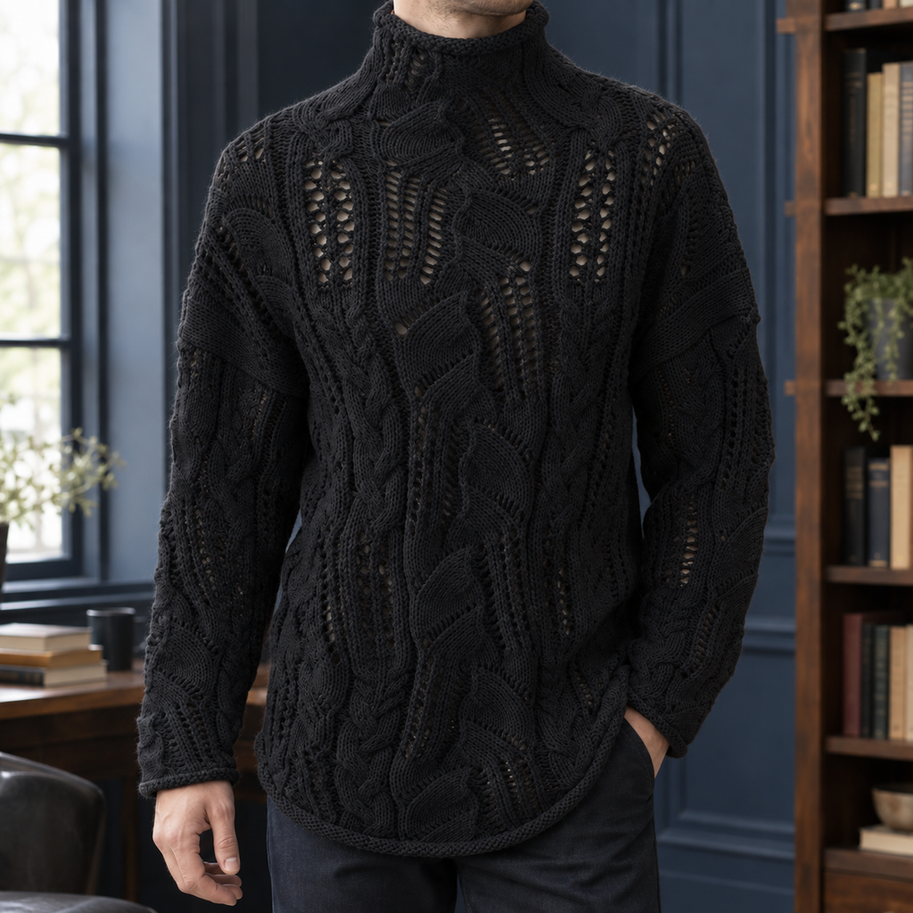 Men's Openwork Cable Sweater | Cotton Knit, Rolled Neck, Longline Layer product photo 3