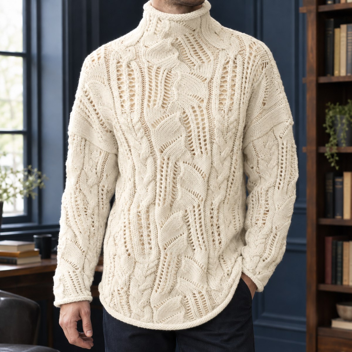 Men's Openwork Cable Sweater | Cotton Knit, Rolled Neck, Longline Layer product photo 5