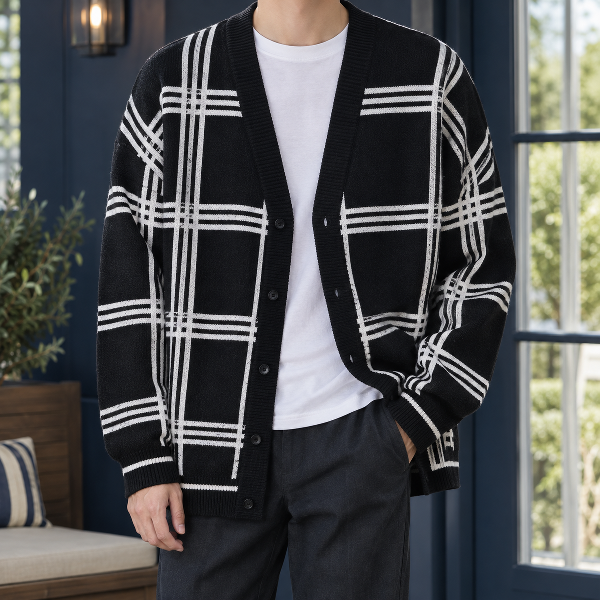 Men's Oversized Plaid Cardigan | Button Front, Dropped Shoulders, Soft Knit product photo 1