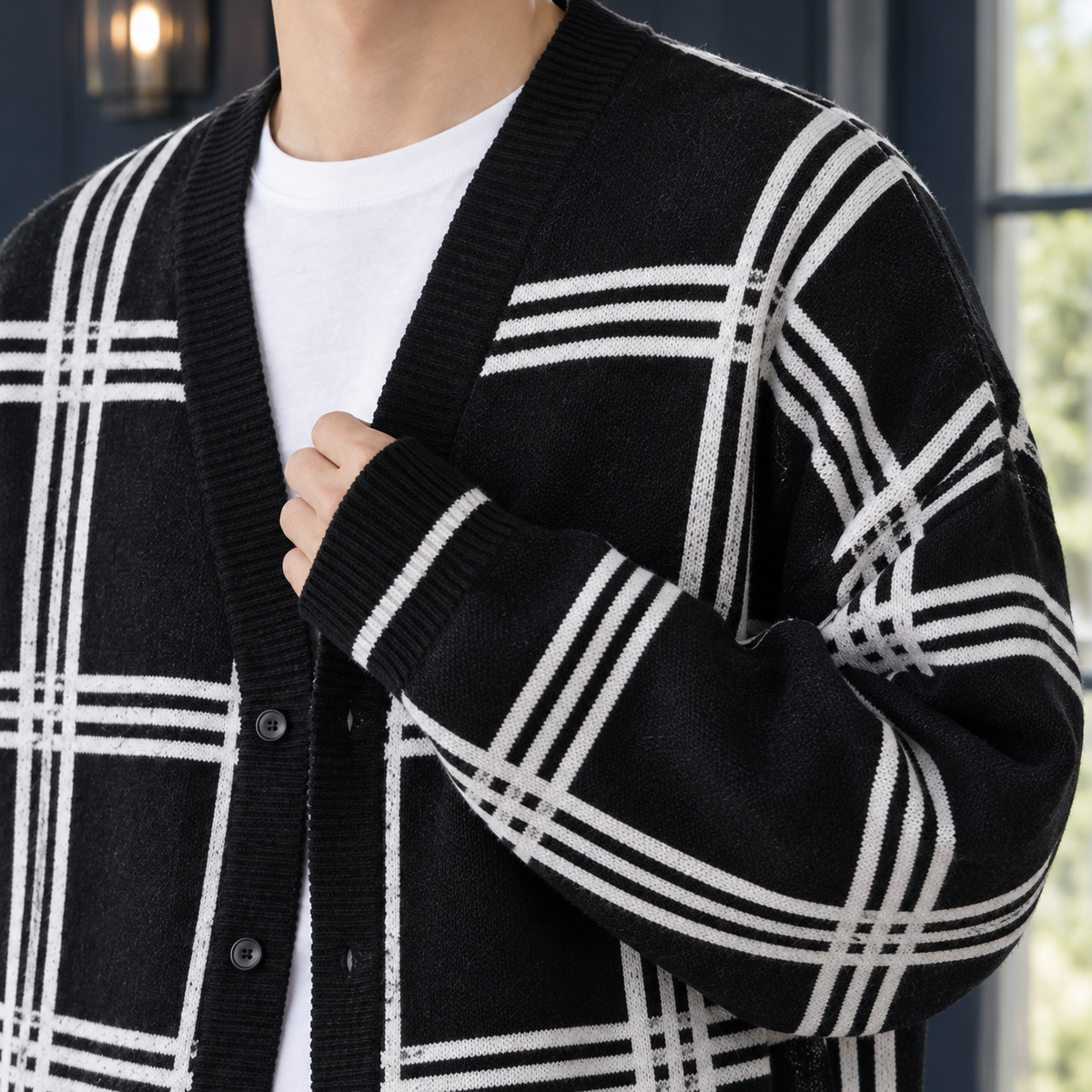 Men's Oversized Plaid Cardigan | Button Front, Dropped Shoulders, Soft Knit product photo 2