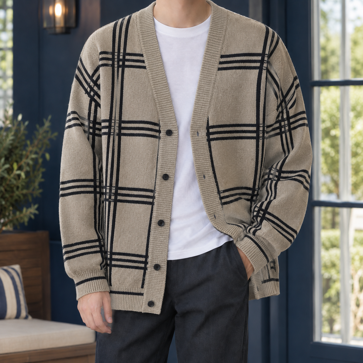 Men's Oversized Plaid Cardigan | Button Front, Dropped Shoulders, Soft Knit product photo 3