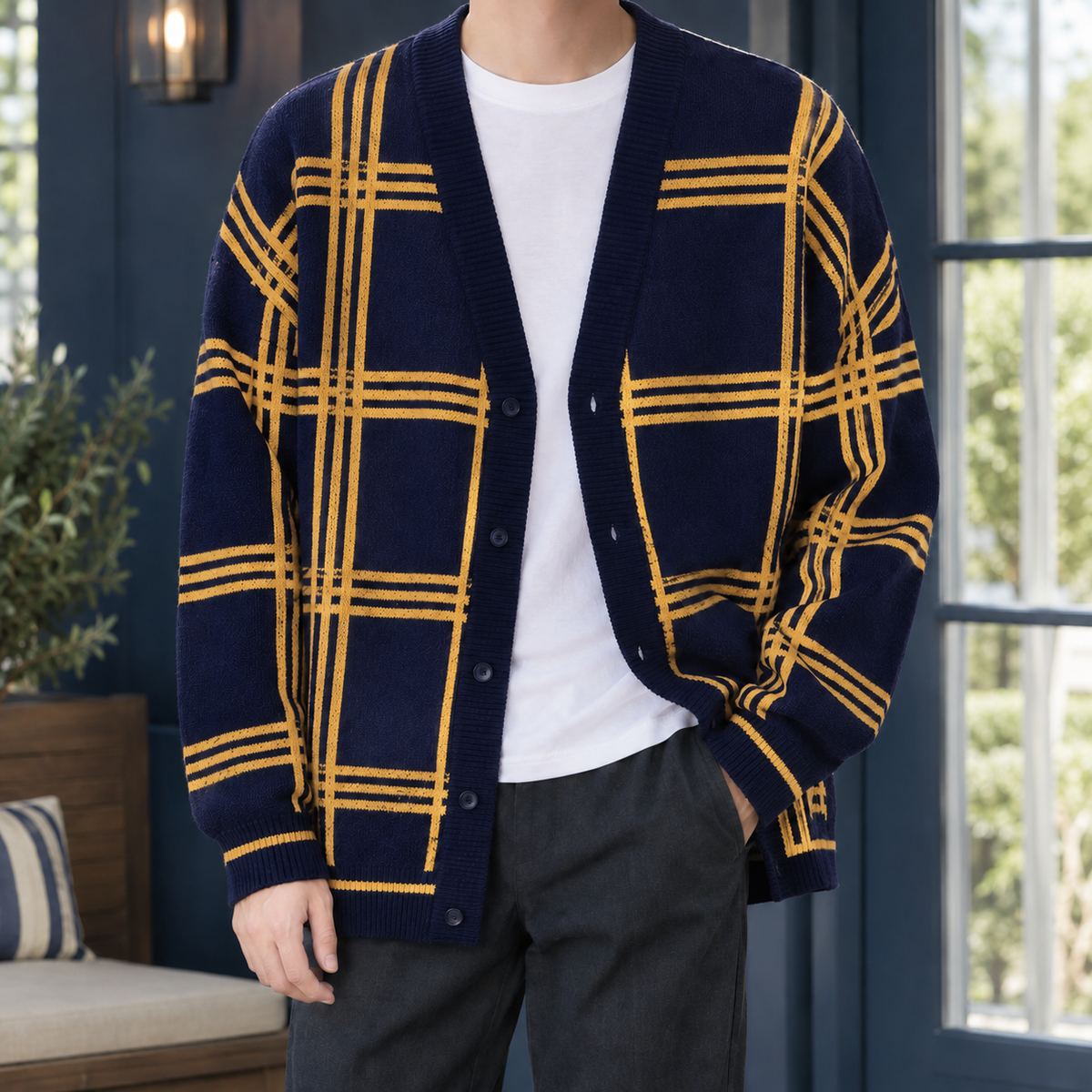 Men's Oversized Plaid Cardigan | Button Front, Dropped Shoulders, Soft Knit product photo 4