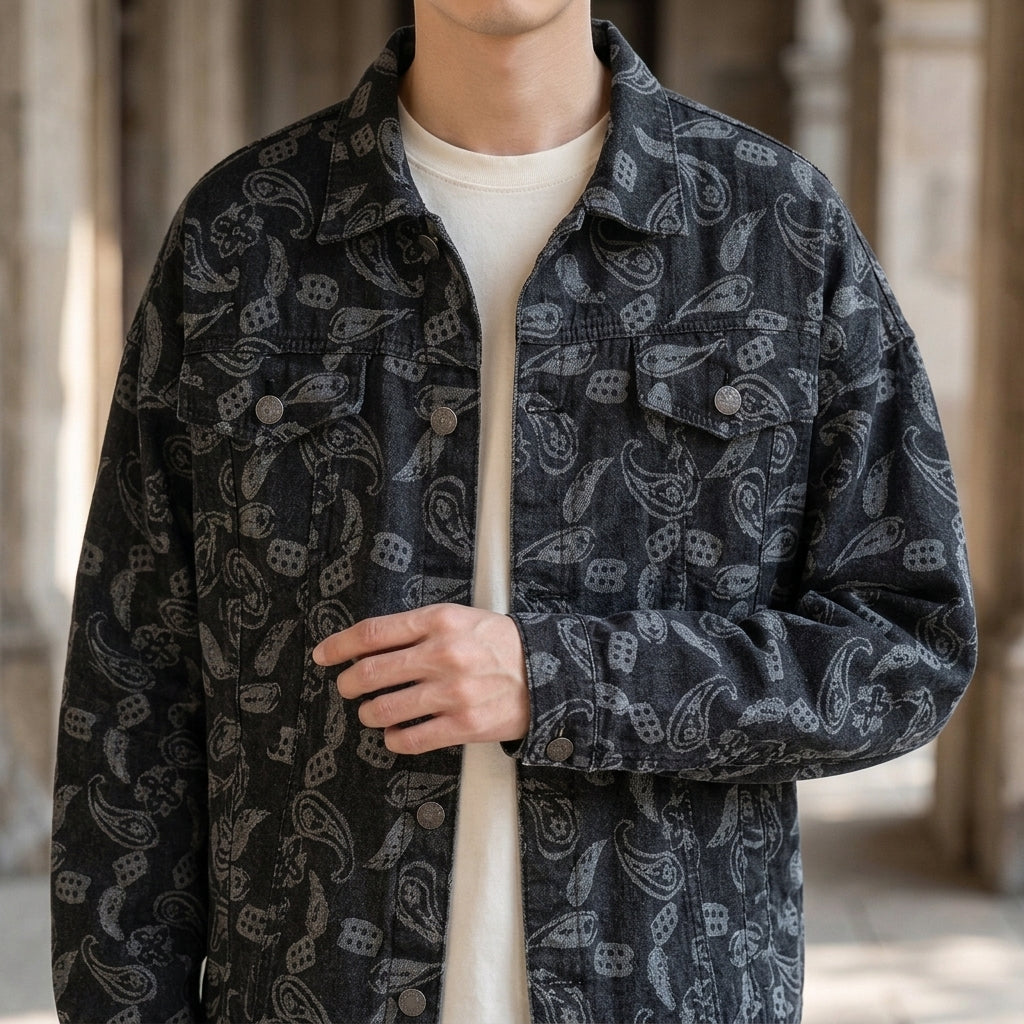 Men's Paisley Denim Jacket | Oversized Four Pocket Layer, Black or Light Blue product photo 3