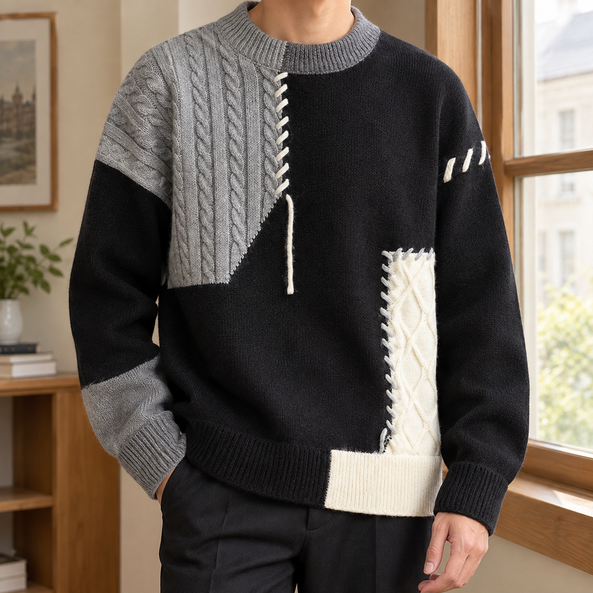 Men's Patchwork Knit Sweater | Asymmetric Cable Panels, Relaxed Fit product photo 1