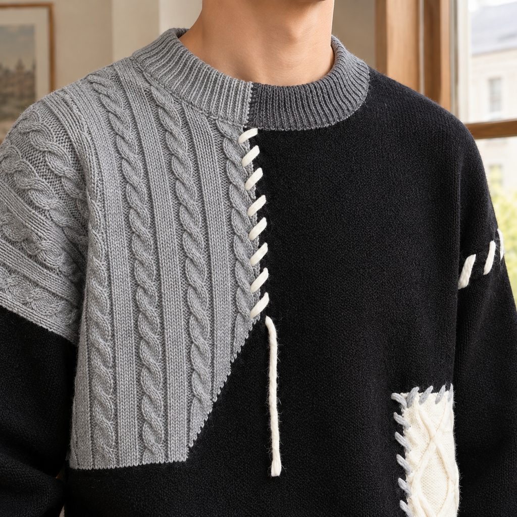 Men's Patchwork Knit Sweater | Asymmetric Cable Panels, Relaxed Fit product photo 2