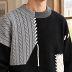 Men's Patchwork Knit Sweater | Asymmetric Cable Panels, Relaxed Fit product photo 2