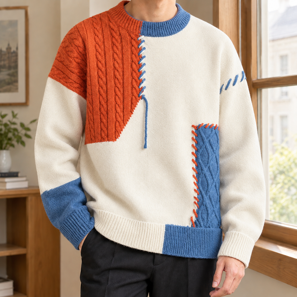Men's Patchwork Knit Sweater | Asymmetric Cable Panels, Relaxed Fit product photo 3