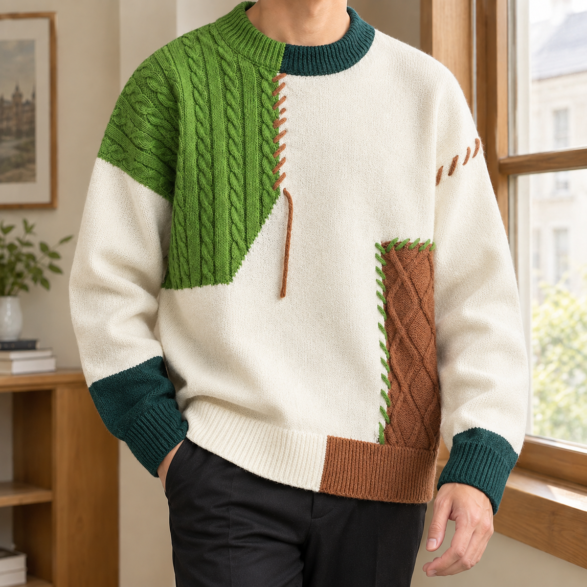 Men's Patchwork Knit Sweater | Asymmetric Cable Panels, Relaxed Fit product photo 4