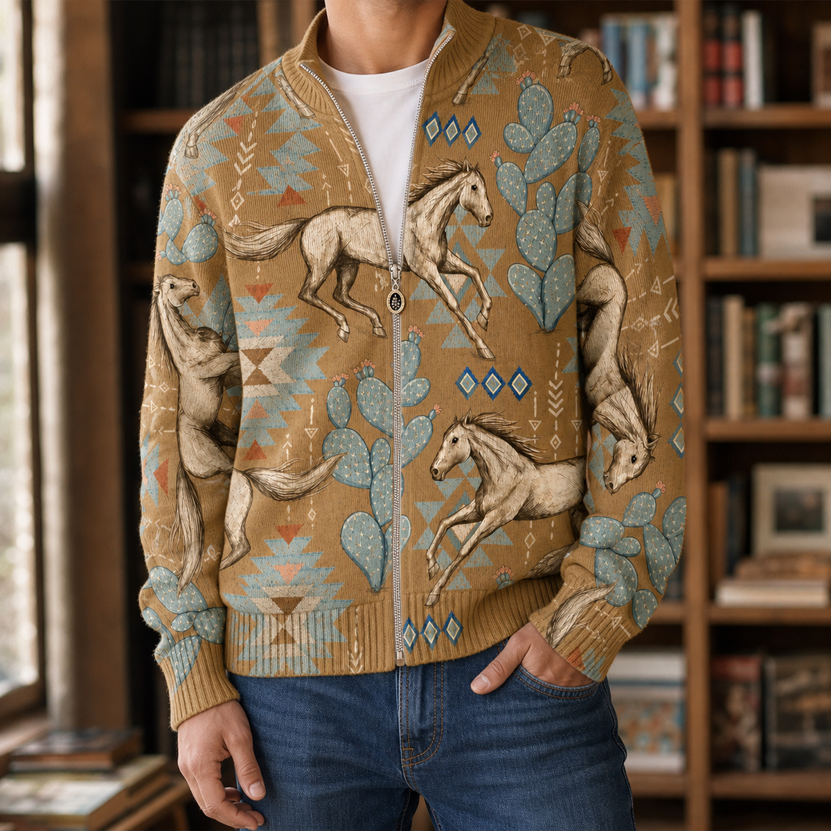 Men's Printed Zip Sweater | Ribbed Stand Collar, Relaxed Bomber Fit product photo 1