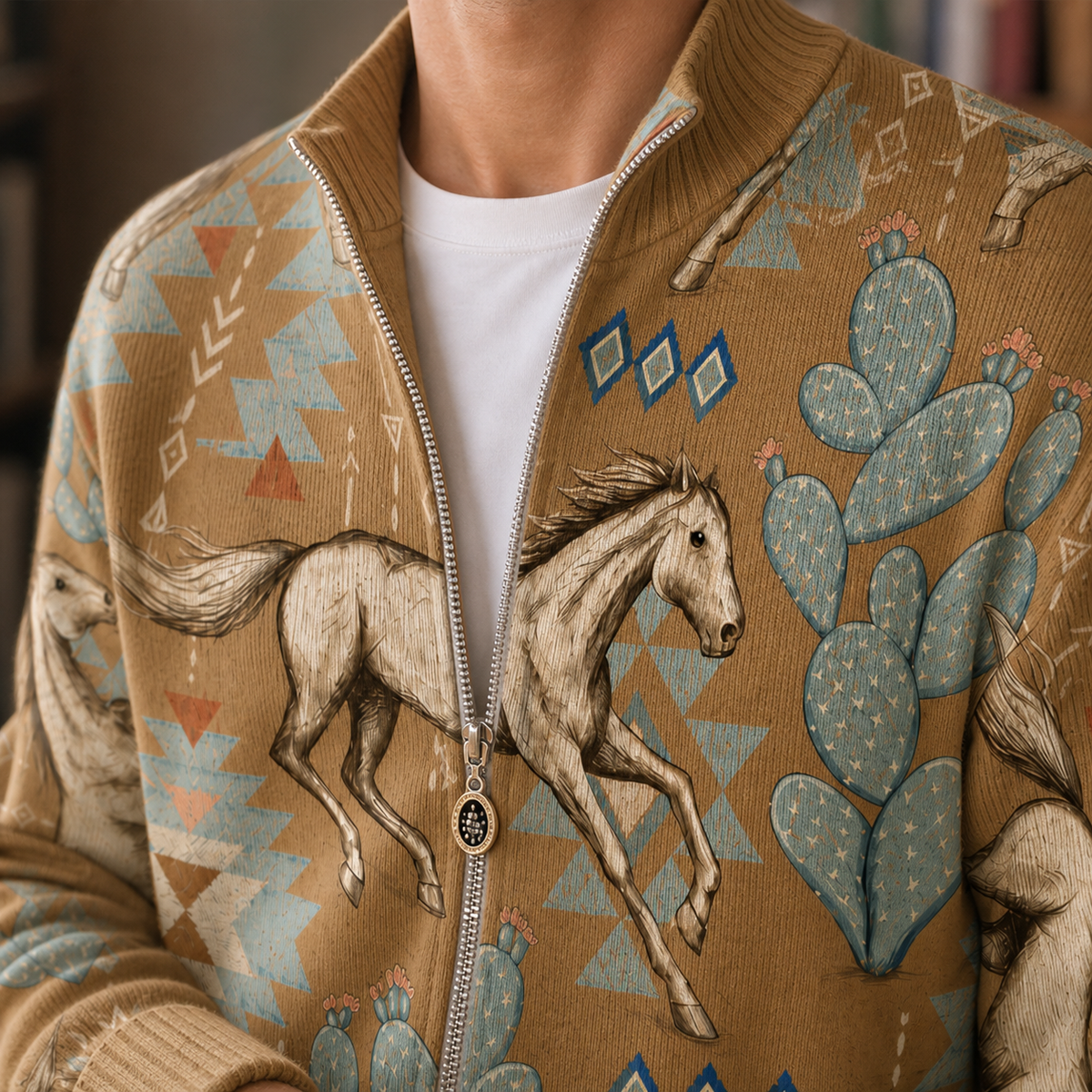 Men's Printed Zip Sweater | Ribbed Stand Collar, Relaxed Bomber Fit product photo 2