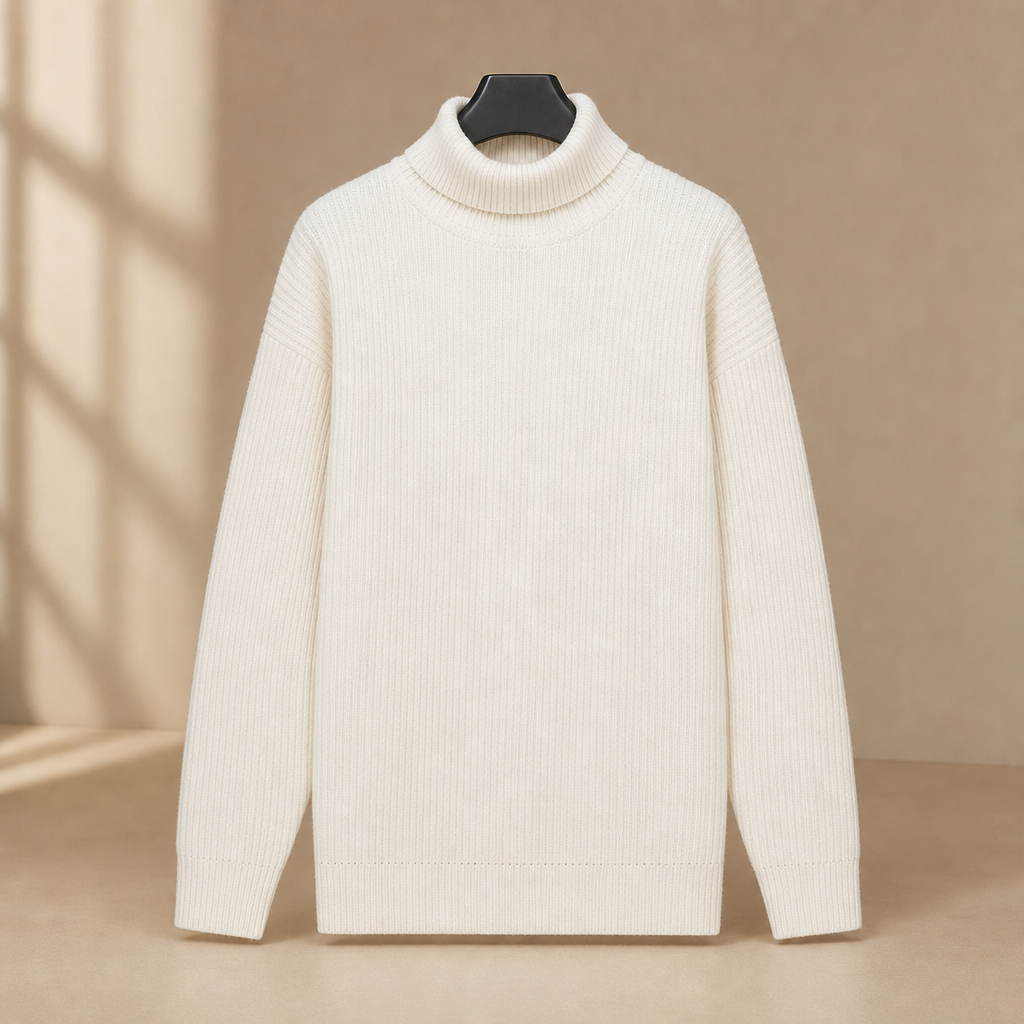 Men's Ribbed Turtleneck Sweater | Linen Blend, Fold Over Neck, Everyday Layer product photo 1