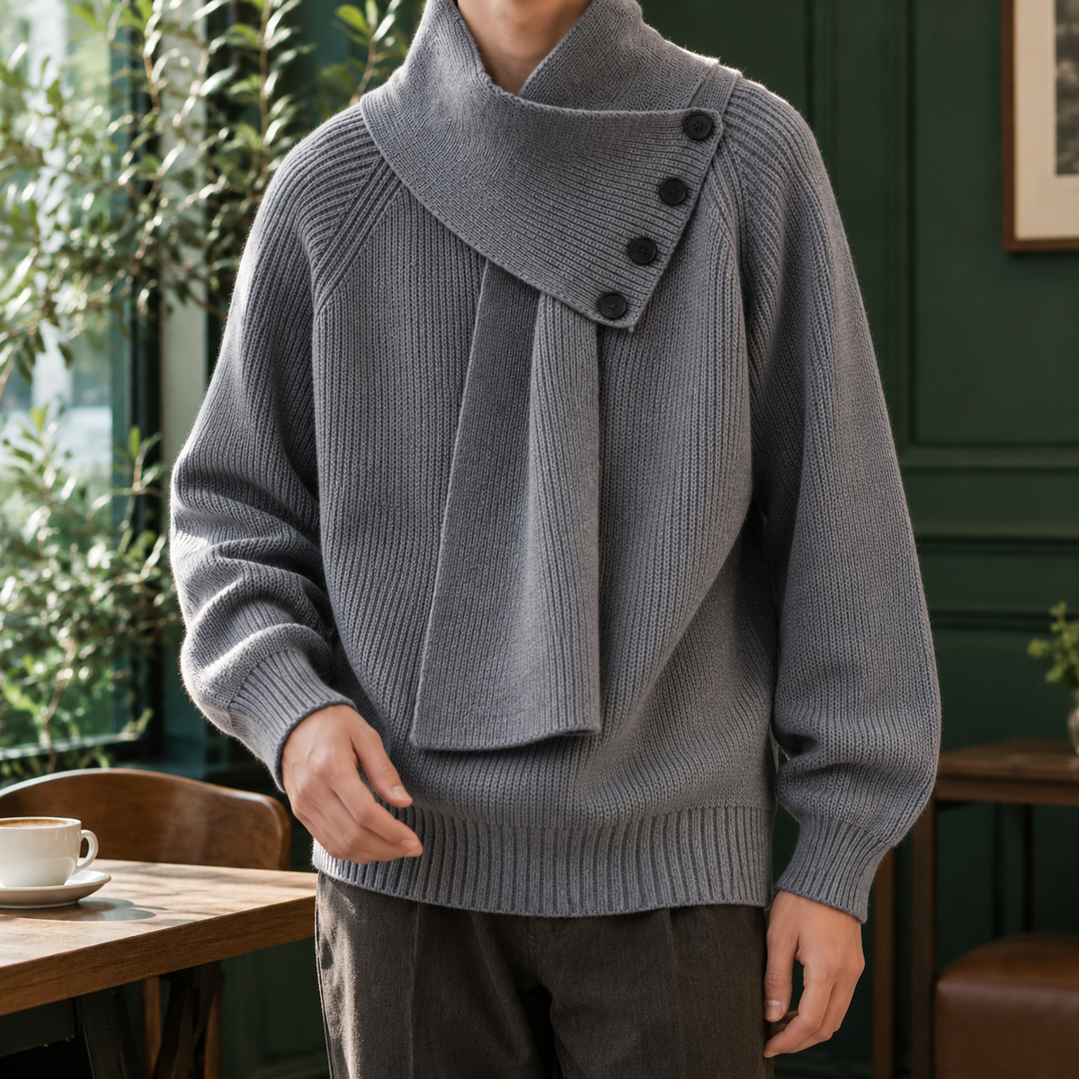 Men's Scarf Collar Sweater | Ribbed Button Neck, Multiple Colors, Everyday Layering product photo 4