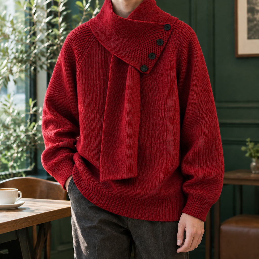 Men's Scarf Collar Sweater | Ribbed Button Neck, Multiple Colors, Everyday Layering product photo 6