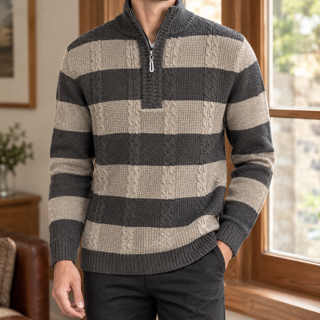 Men's Striped Half Zip Sweater | Textured Knit, Cable Detail, Relaxed Fit product photo 1
